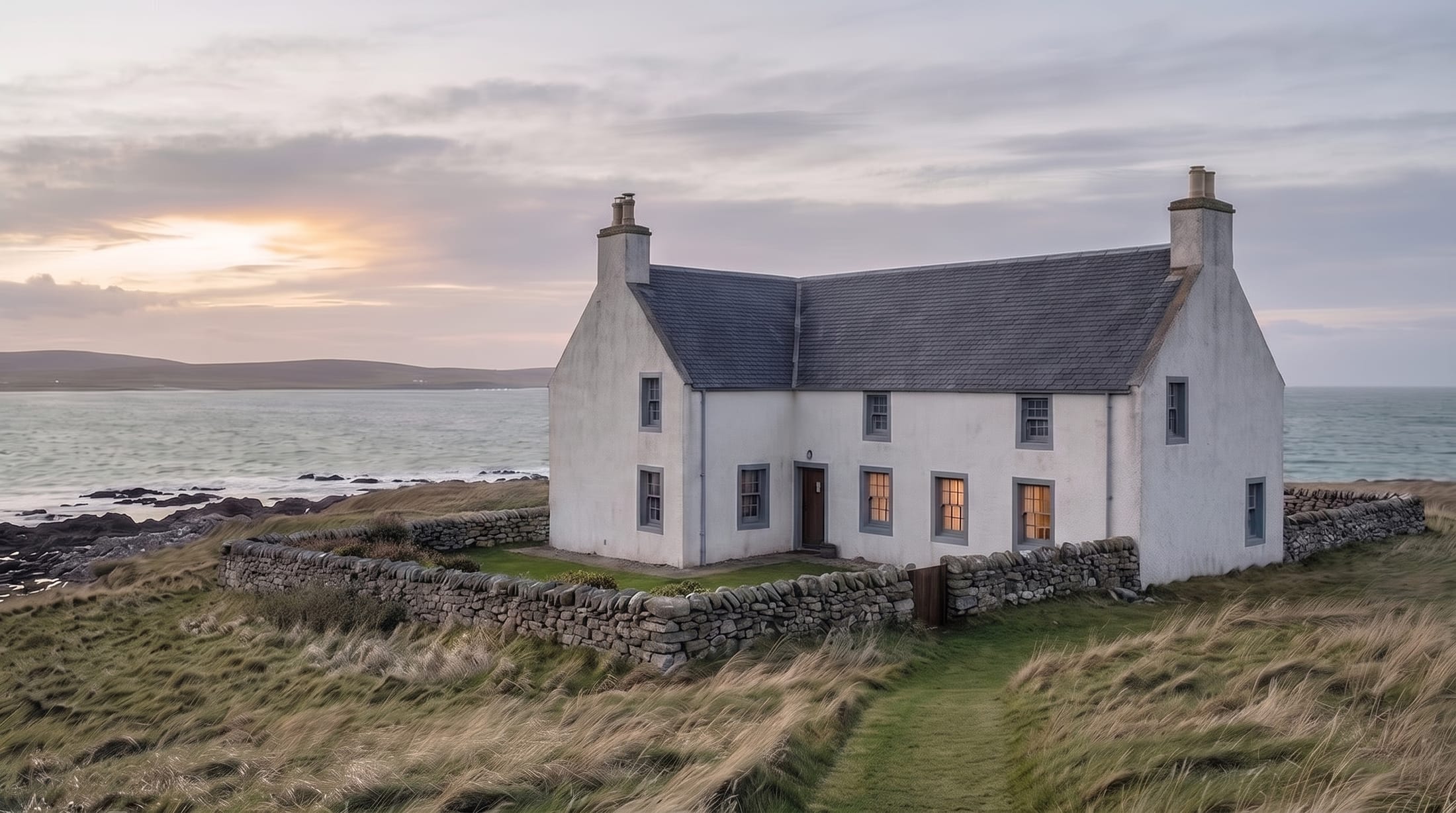 A long white harled house with a slate roof and lit windows standing alone on a grassy headland at dusk.
