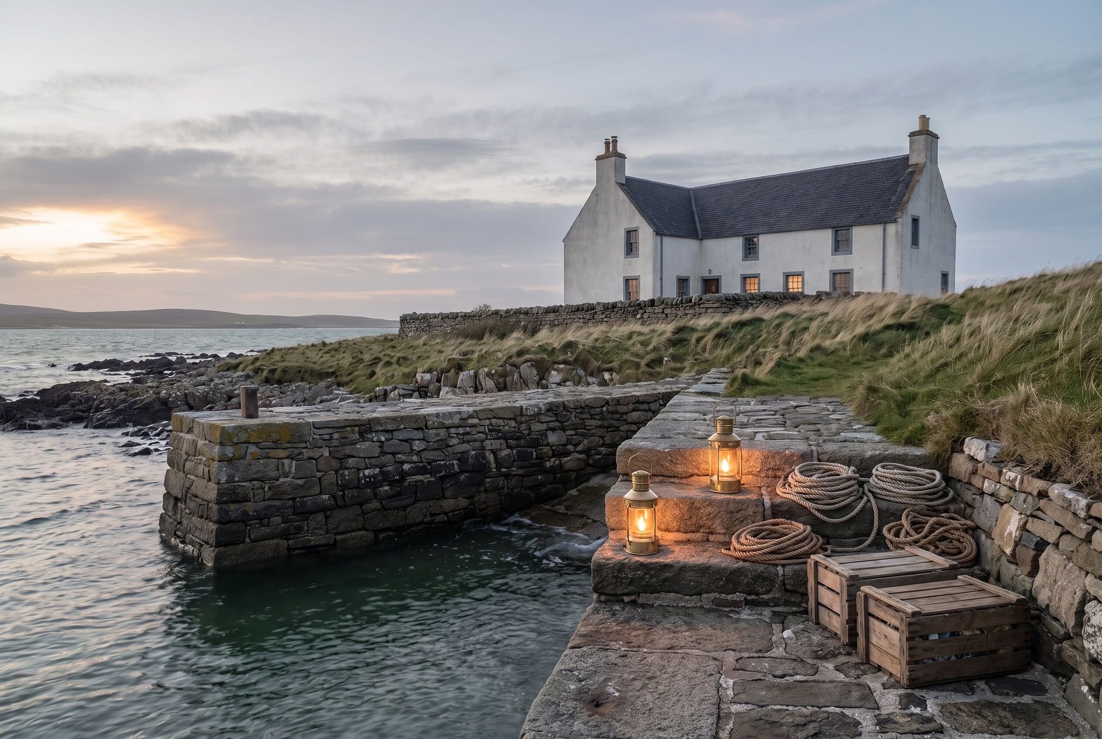 A small stone jetty at dusk with two lit lanterns, coiled rope and crates of provisions, the lit house above.