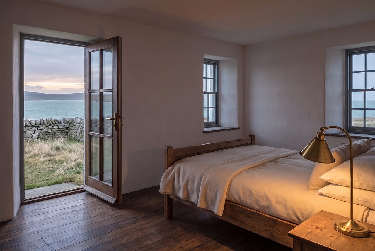 A ground floor bedroom at dusk with a turned-down bed, a warm reading lamp and a glazed door open to a walled garden.