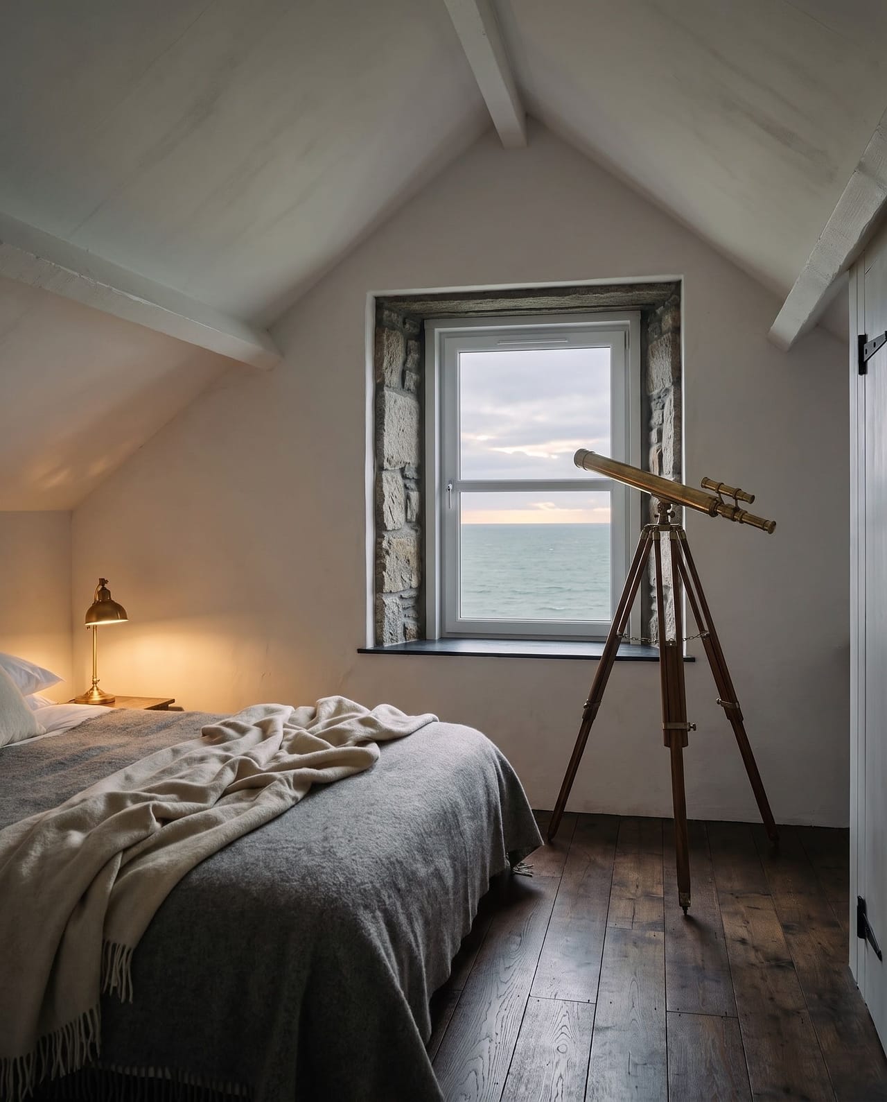 A small attic room at dusk with a telescope by a dormer window and one lit lamp.
