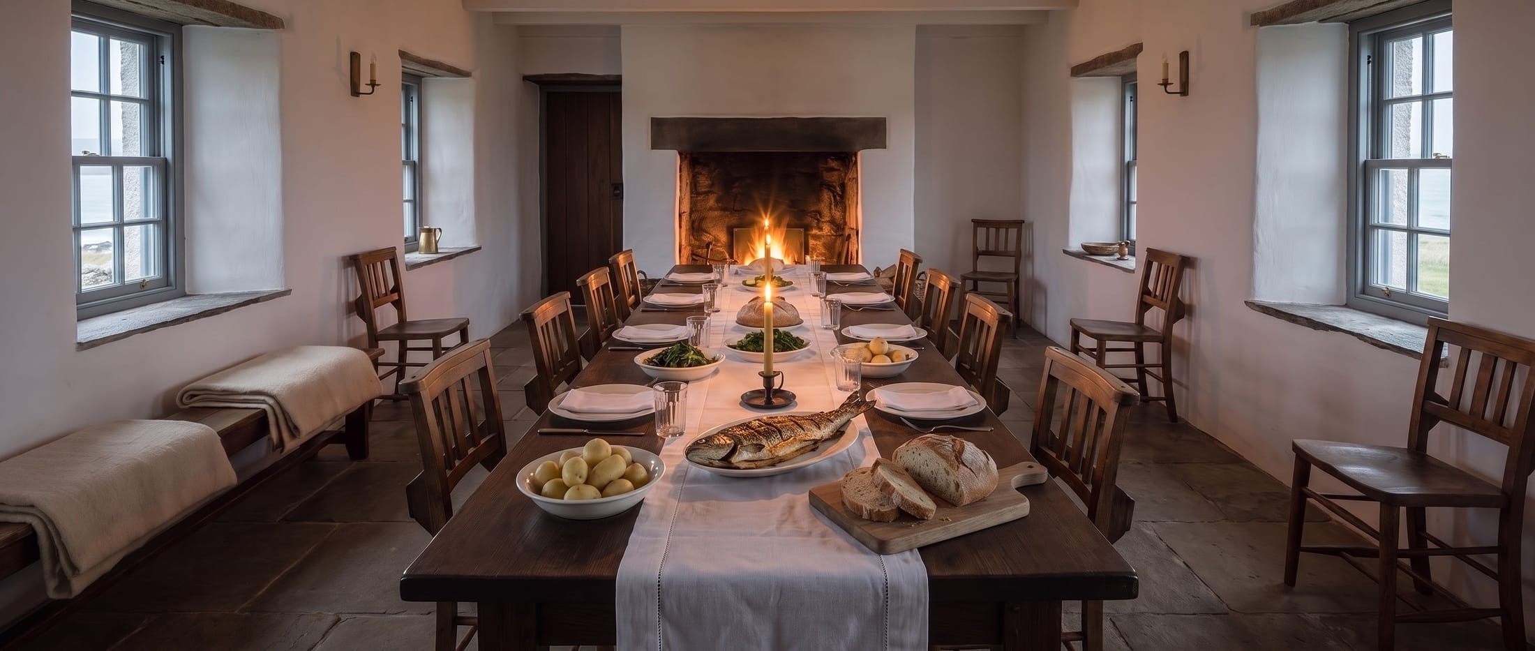 A long oak table laid for twelve with lit candles and served dishes in a stone-floored hall at dusk.